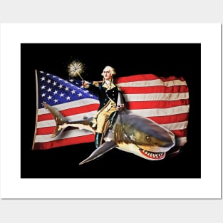 George Washington Riding a Shark American Flag Posters and Art